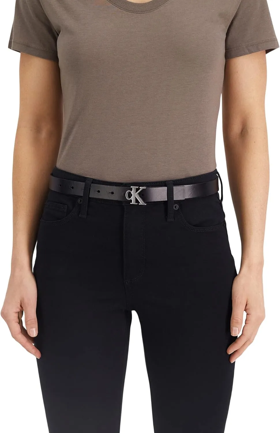 Calvin Klein Women's CK Jeans Monogram Plaque Buckle Casual Leather Skinny Belt for Jeans, Trousers and Dresses