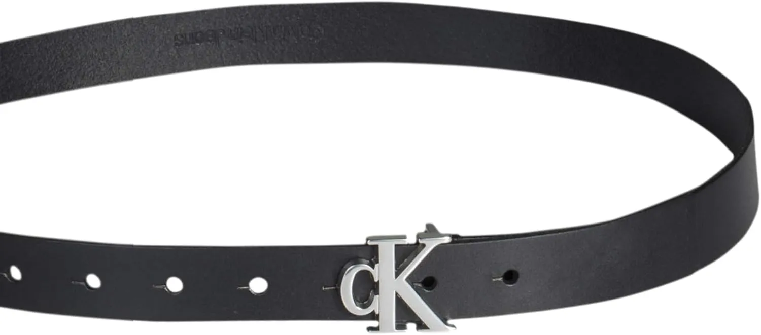 Calvin Klein Women's CK Jeans Monogram Plaque Buckle Casual Leather Skinny Belt for Jeans, Trousers and Dresses