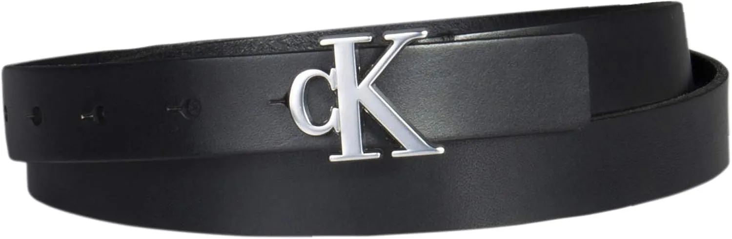 Calvin Klein Women's CK Jeans Monogram Plaque Buckle Casual Leather Skinny Belt for Jeans, Trousers and Dresses