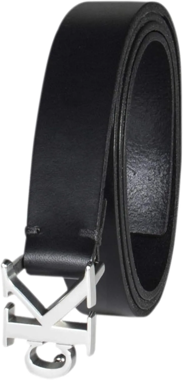 Calvin Klein Women's CK Jeans Monogram Plaque Buckle Casual Leather Skinny Belt for Jeans, Trousers and Dresses
