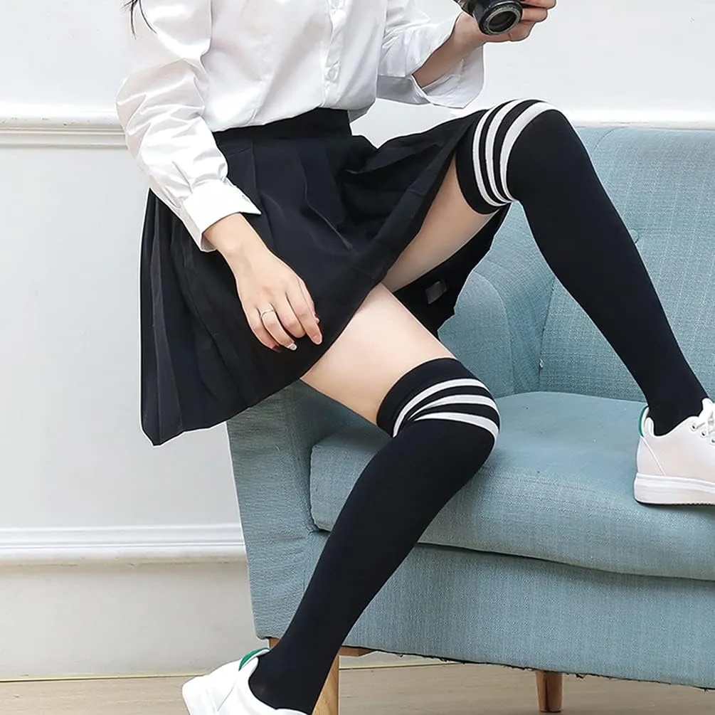 DRESHOW 3 Pairs Thigh High Socks Striped Over Knee Thin Tights Long Stocking Knee High Leg Warmer