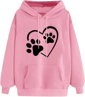 Heart Print Hoodies for Women Drawstring Long Sleeve Cute Oversized Sweatshirt Dog Paw Print Graphic Pullover Tops
