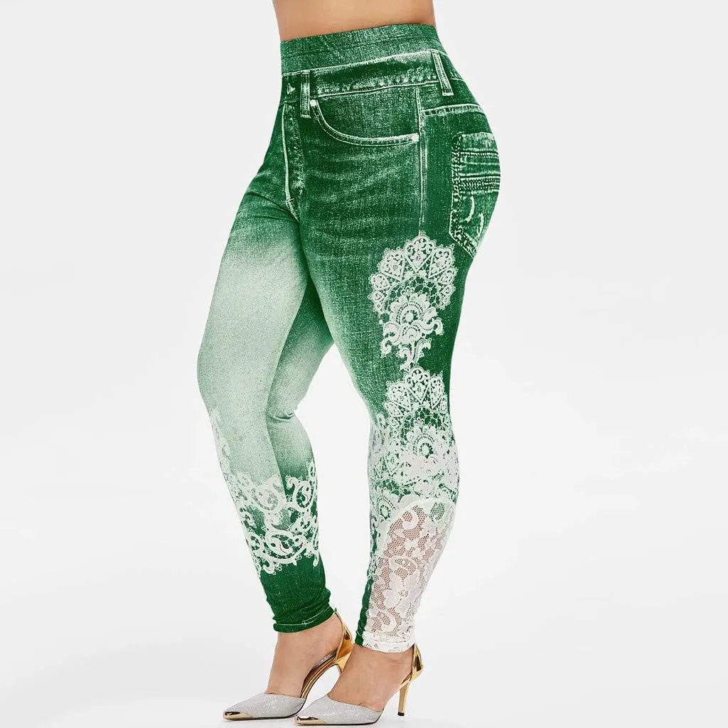 Lace Jean Leggings Women Butterfly Printed Denim Pants High Waist Butt Lift Capri Stretch Trim Pencil Denim Pants Plus