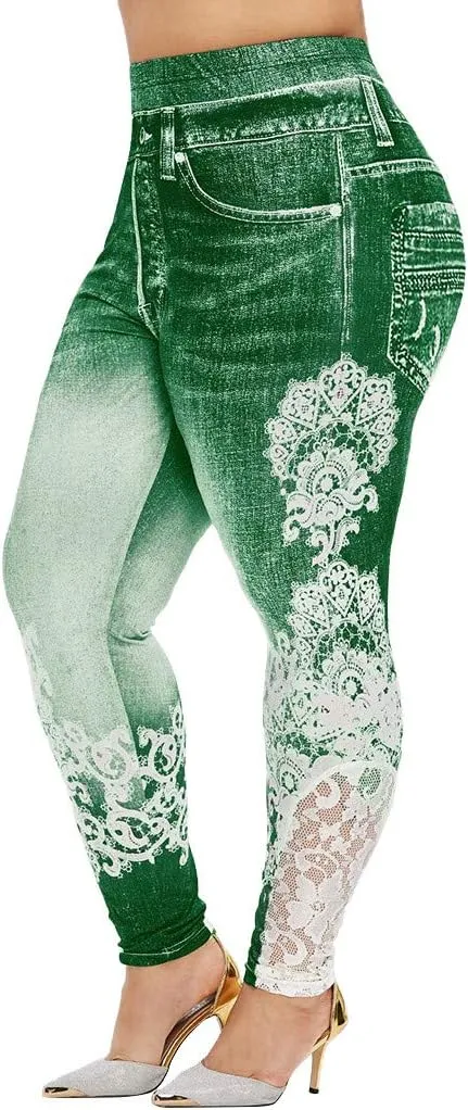 Lace Jean Leggings Women Butterfly Printed Denim Pants High Waist Butt Lift Capri Stretch Trim Pencil Denim Pants Plus