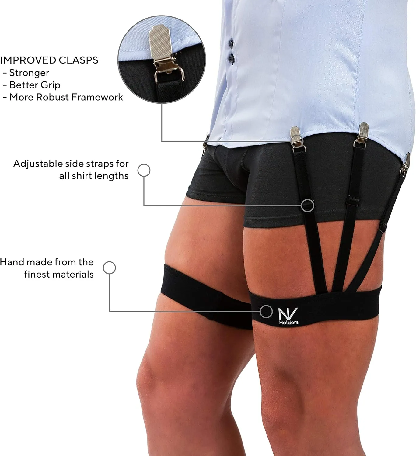 NV Holders Improved 2.0, with improved clasps; premium shirt stays, shirt holders, shirt garters, shirt tuckers for men