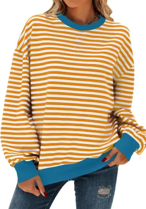 Oversized Sweatshirt for Women Crewneck Long Sleeve Striped Sweater Womens Fall Fashion 2024 Pullover Sweater Trendy Clothes Hoodies Preppy Top Y2K Clothes Orange White