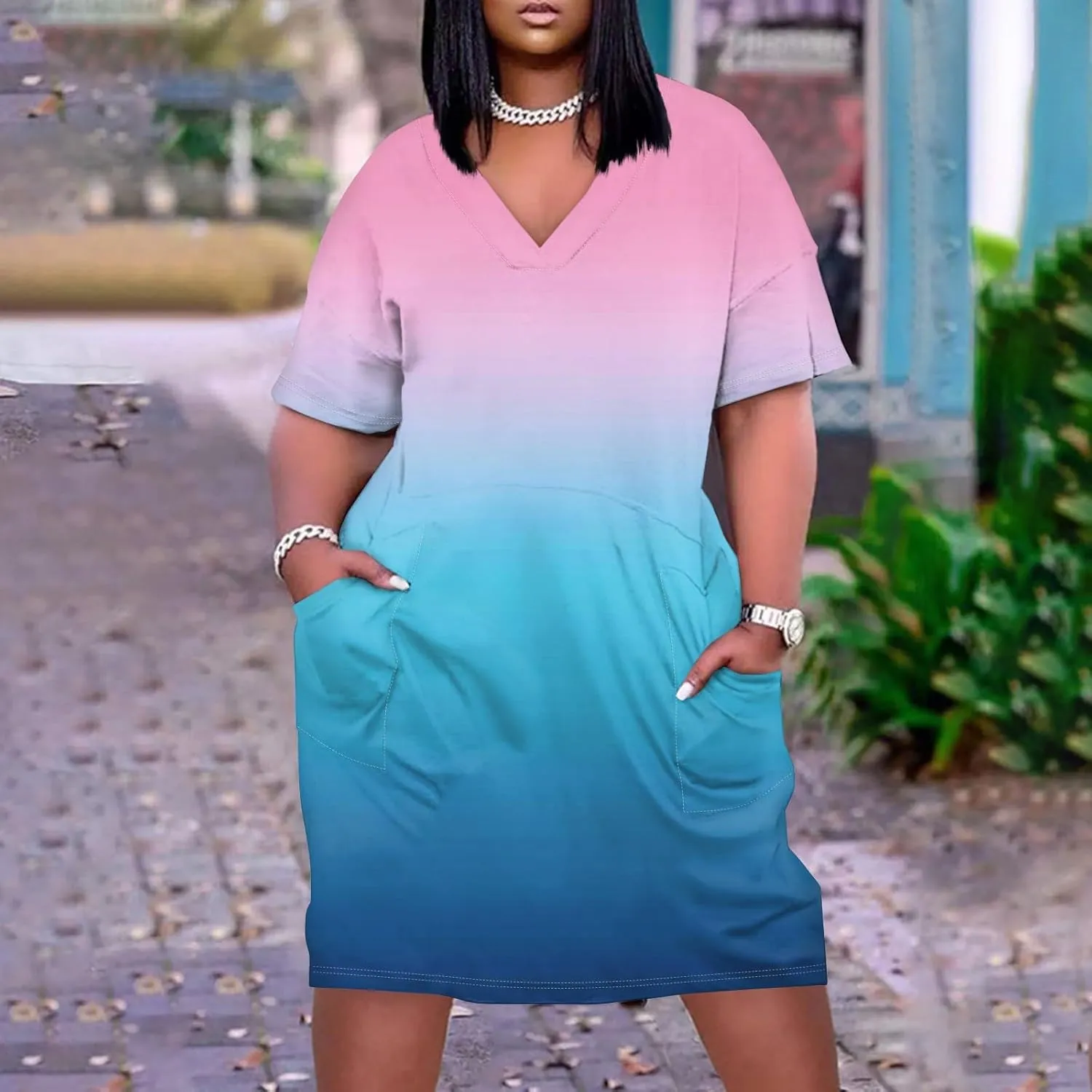 Plus Size Dresses for Curvy Women 2025 Oversized V Neck Short Sleeve Midi Dress Casual Summer T Shirt Dress w/Pockets