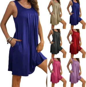 Women's 2024 Summer Casual Loose Beach Sleeveless Midi Sundress with Pockets Swing Solid Ruffle A-Line Dresses