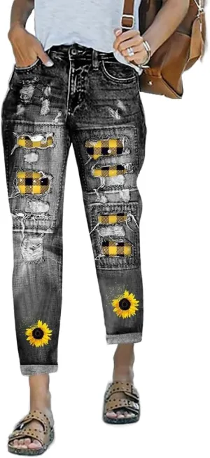 ZOCAVIA Womens Ripped Denim Pants Plus Size Casual Stretch Skinny High Waist Washed Jeans Patched Patchwork Denim Jeans