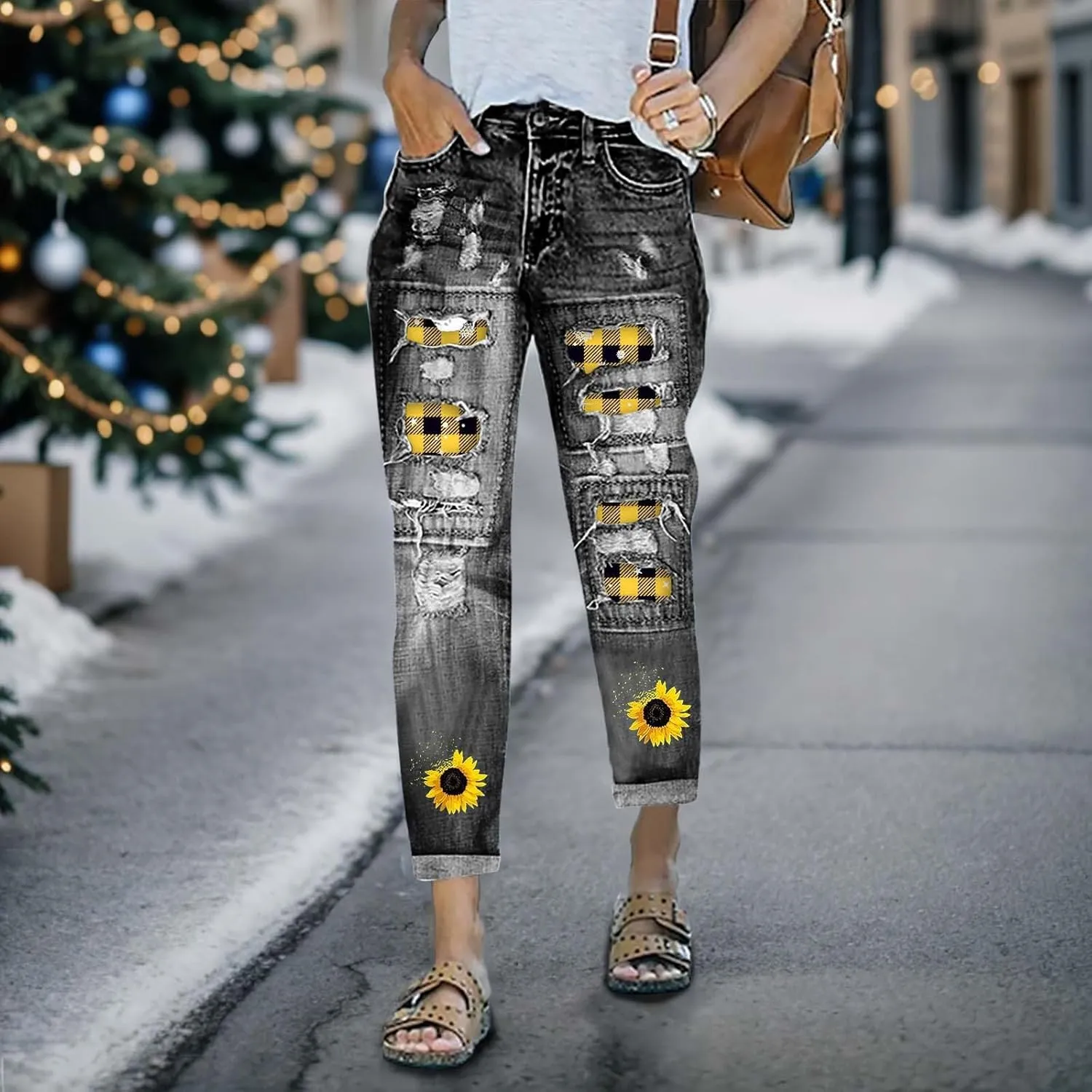 ZOCAVIA Womens Ripped Denim Pants Plus Size Casual Stretch Skinny High Waist Washed Jeans Patched Patchwork Denim Jeans
